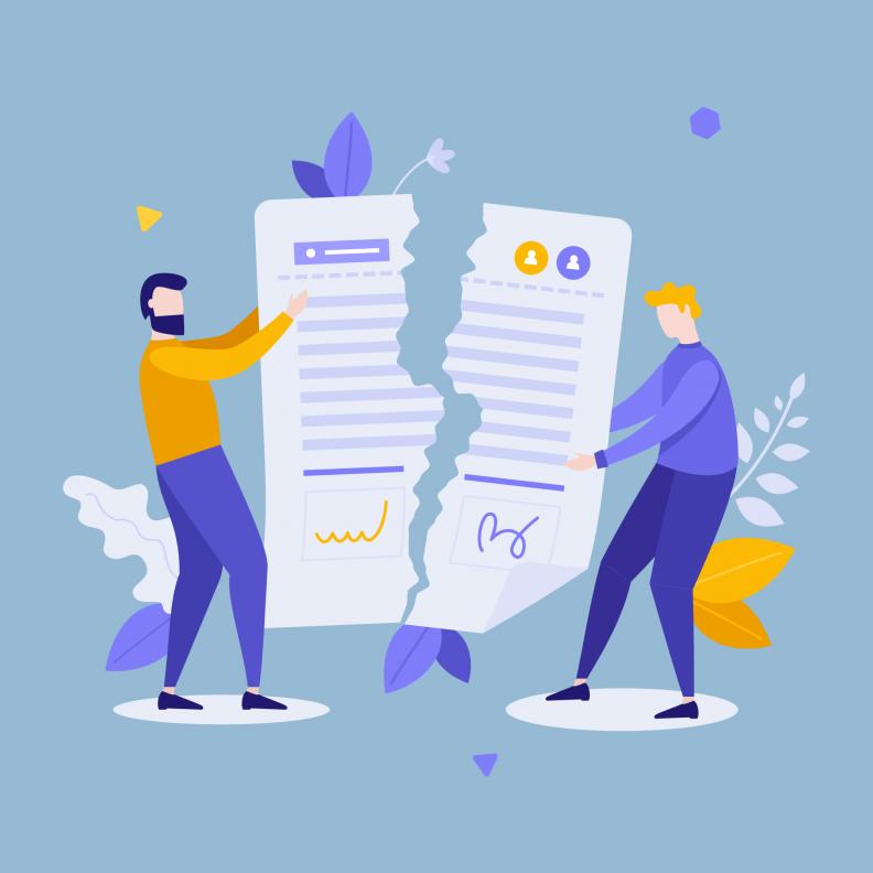 Deux personnages déchirant un contrat